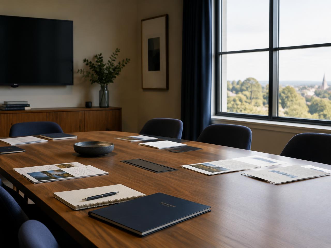 Quiet conference room with reports on the table